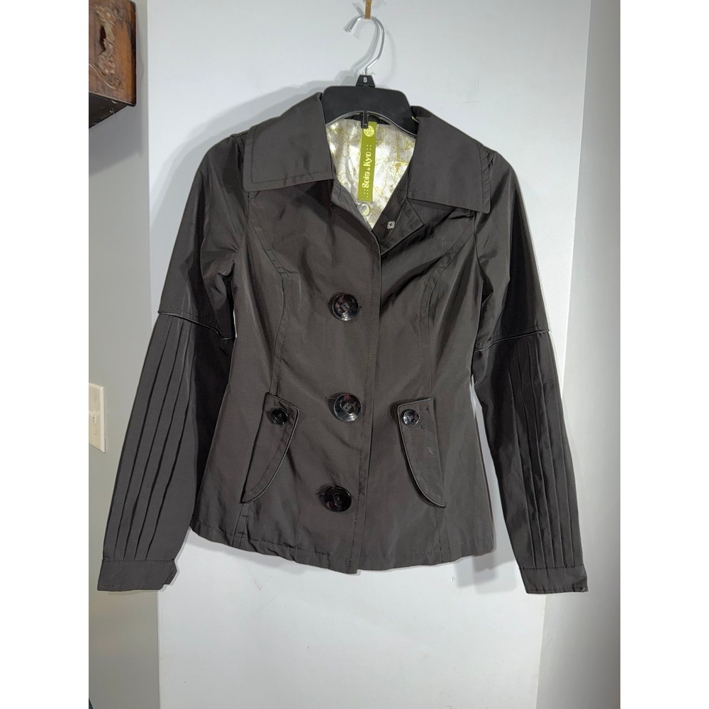 Soia & Kyo short black trench coat button closures pleated sleeve details XXS
